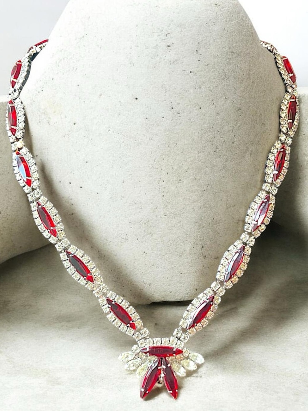 Vintage Rare Kramer Red and White Rhinestone Statement Necklace 15”